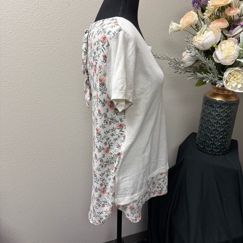 LOFT Ivory Knit Top Floral Chiffon Back Tie Mixed Media Blouse M - Picture 4 of 7